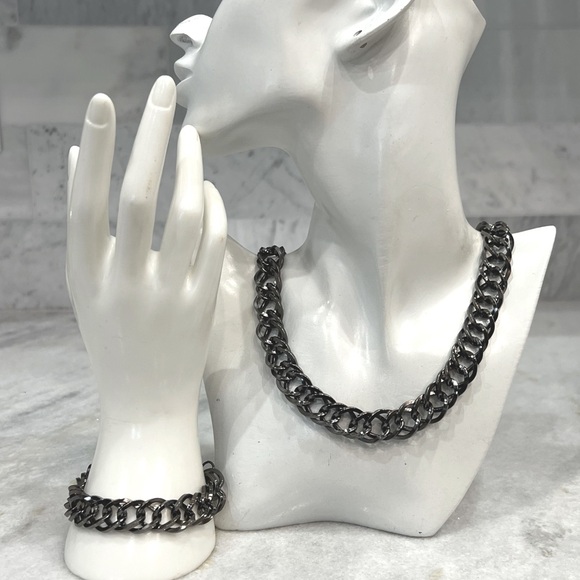 Flat Large Link Dark Stainless Steel Necklace and Bracelet Set